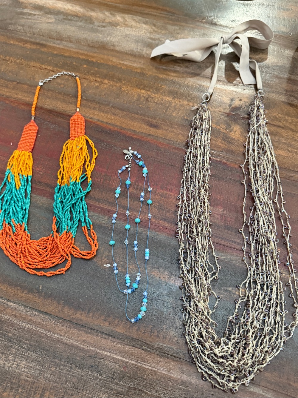 Beaded Multistrand Necklace in Orange, Yellow & Teal - Brand